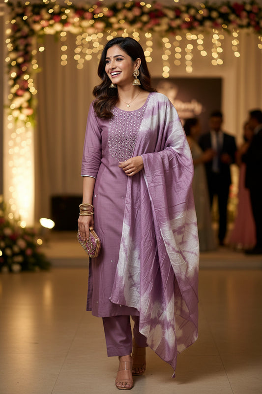 Office Wear Lilac Color Salwar Suit with Pearl work and Cut Dana work