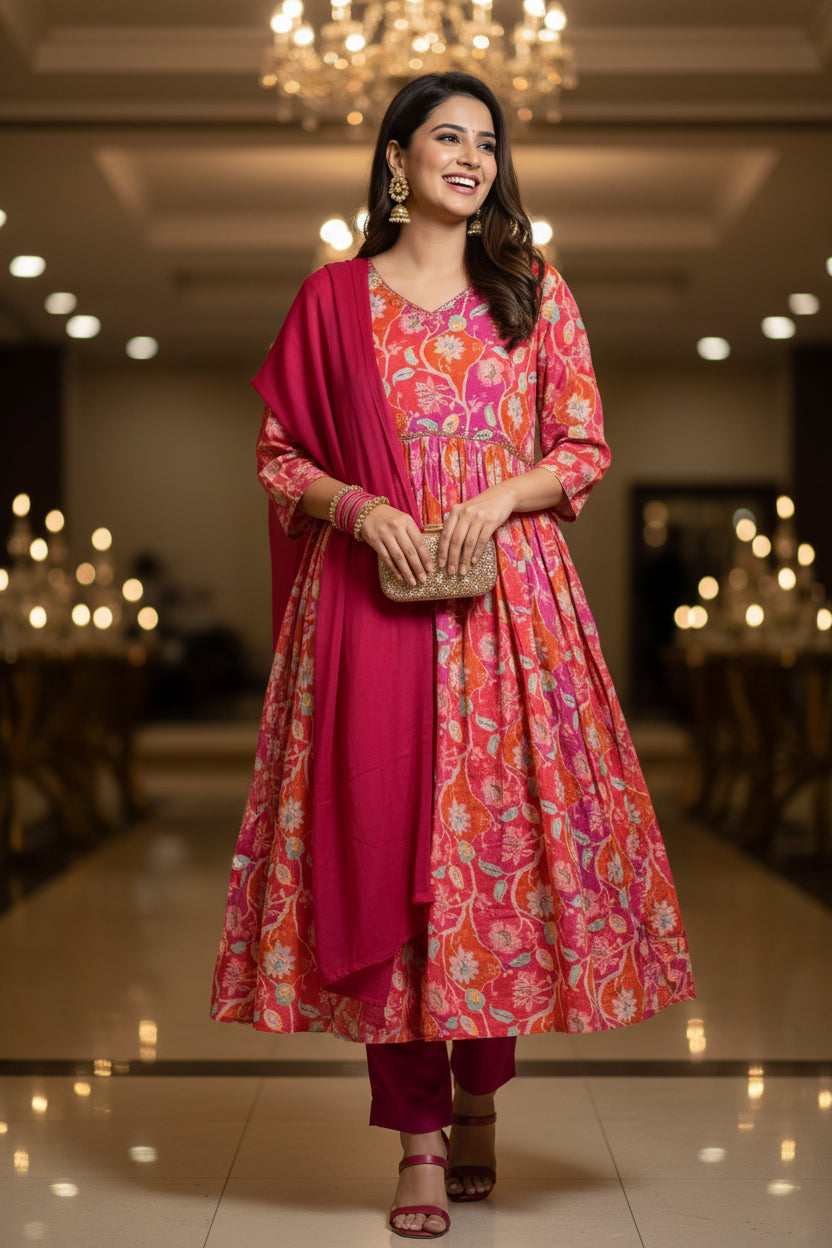 Chiffon Crush Floral Festive Wear Salwar Kameez Dupatta Set