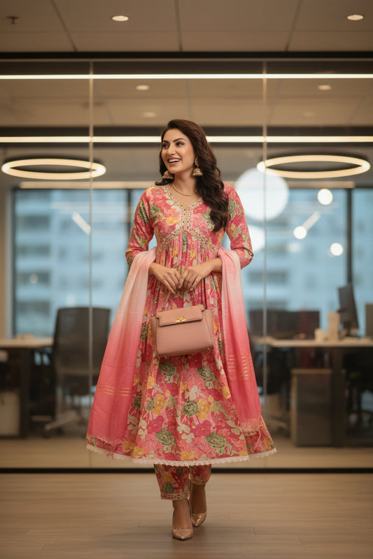 Pink Floral Salwar Kameez Dupatta Set