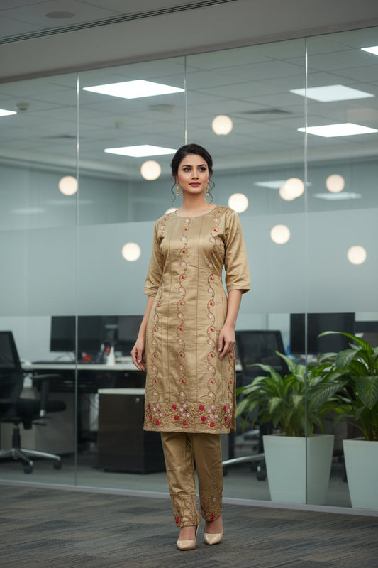Formal Wear Cordset inCoffee Color Chanderi Cotton