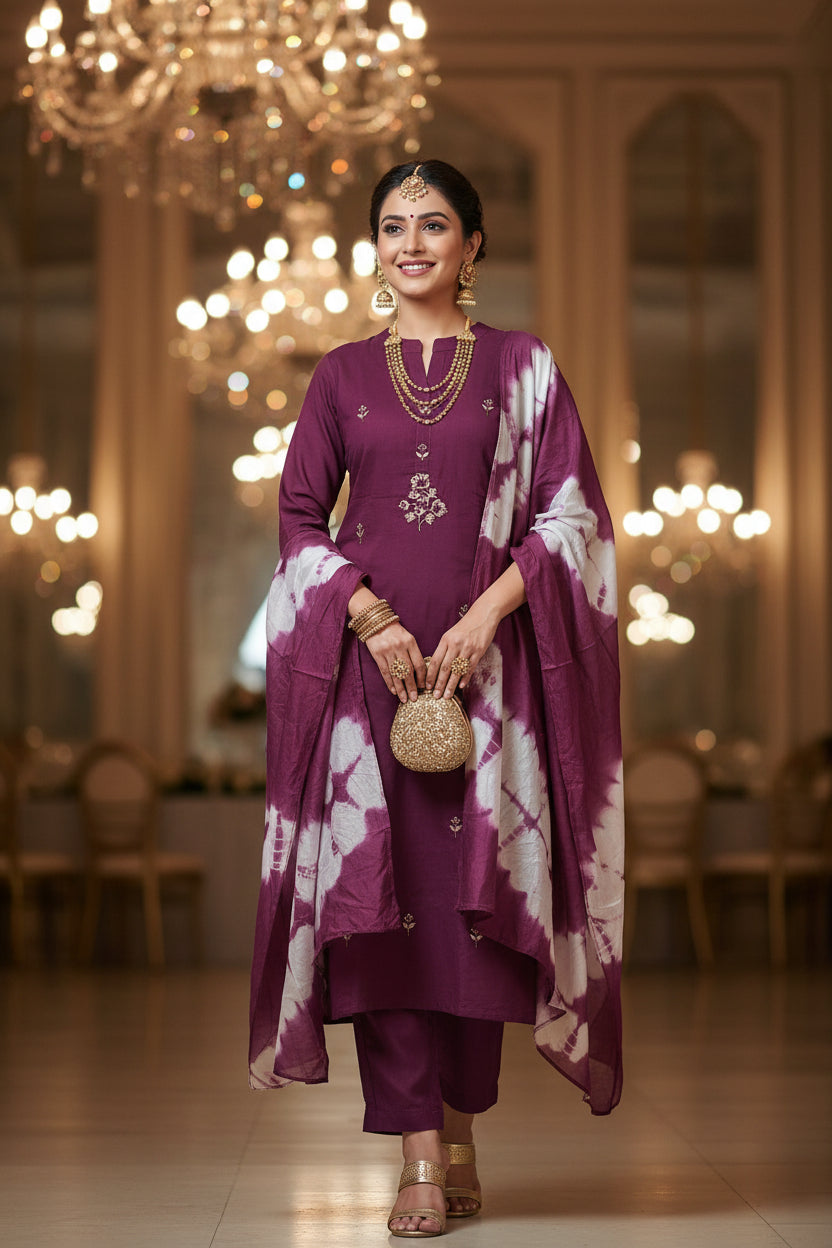 Party Wear Solid Purple Color Salwar Kameez and Dupatta Set