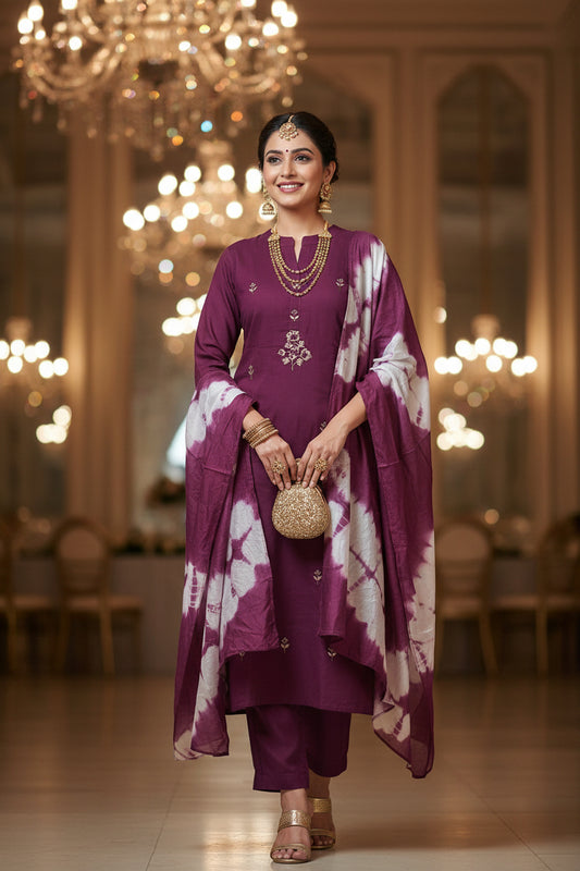Party Wear Solid Purple Color Salwar Kameez and Dupatta Set