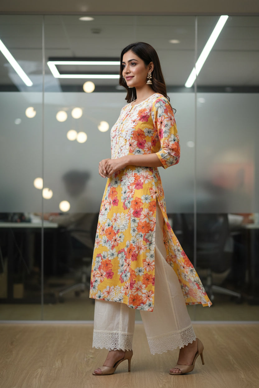 Premium Cambric Cotton Yellow Color Chikankari Cordset