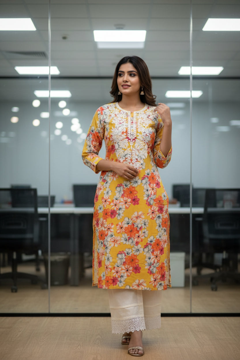 Premium Cambric Cotton Yellow Color Chikankari Cordset