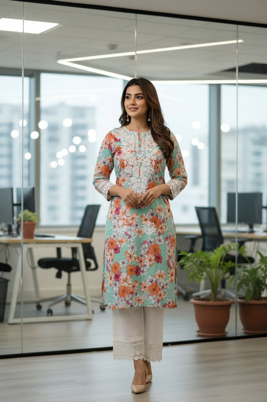 Sea Green Cambric Cotton Lucknowi Chikankari Cordset