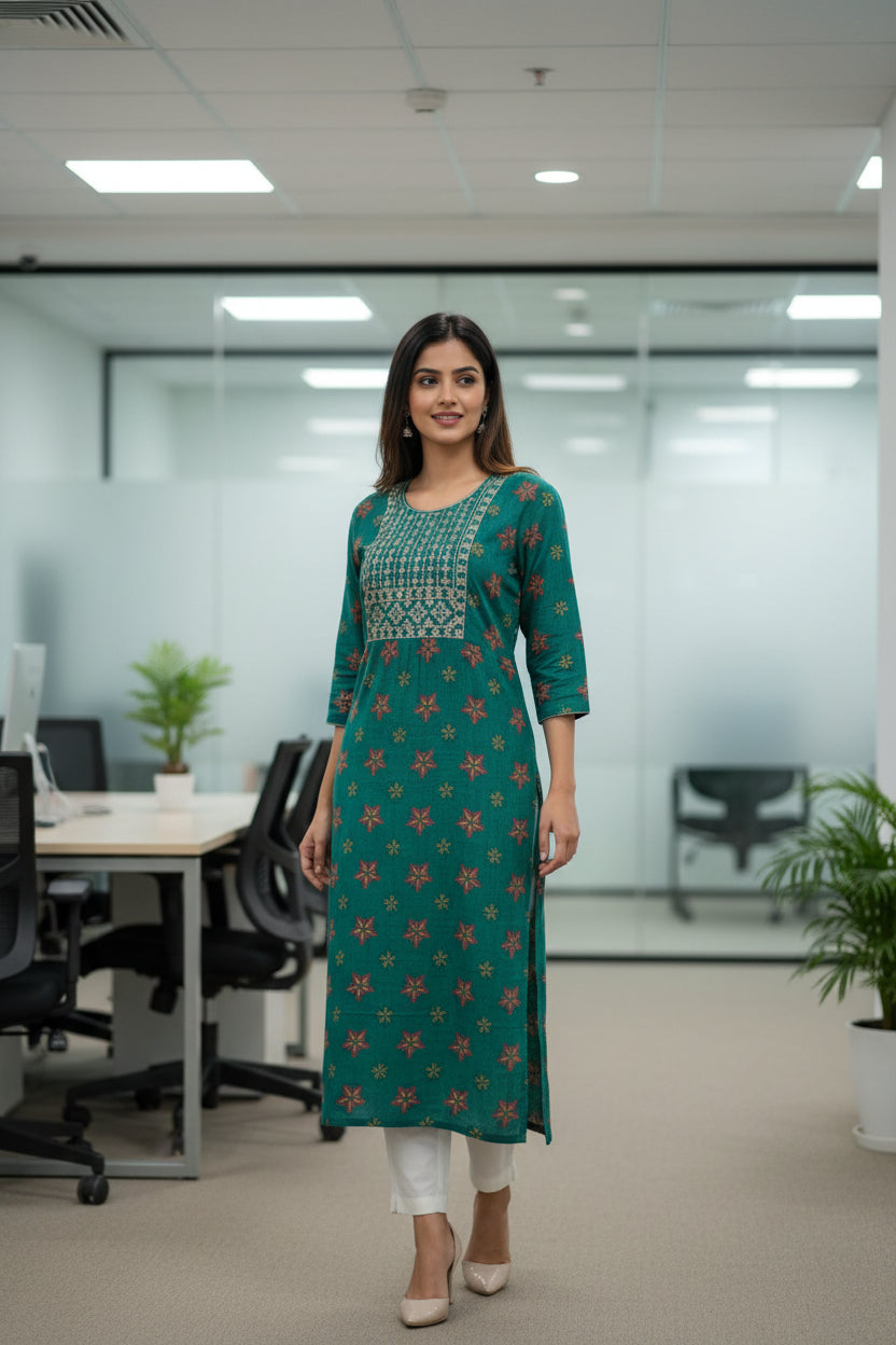 HandPainted Green Color A Line Kurti with Sequence and Thread work