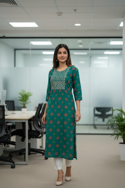 HandPainted Green Color A Line Kurti with Sequence and Thread work