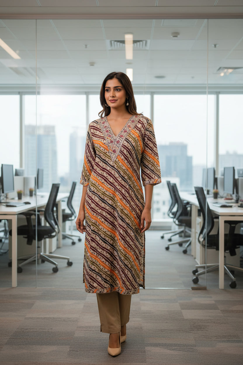 Diagonal multi-colored striped print V neck Cotton Kurti - Wine Color