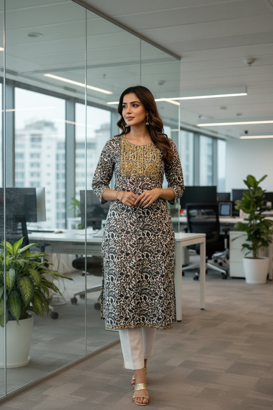 Sanganeri Print Grey Color Cotton Straight Cut Kurti