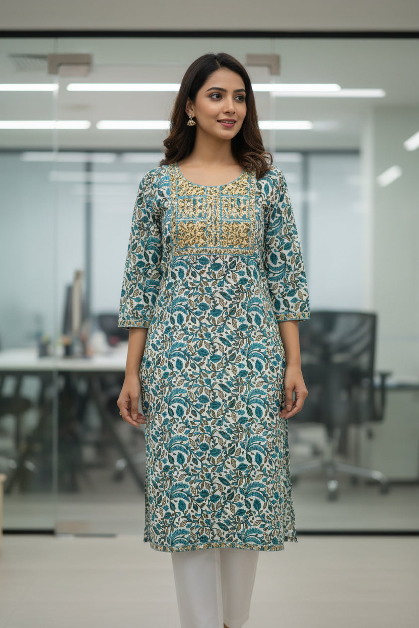 Sanganeri Print Blue Color Cotton Straight Cut Kurti