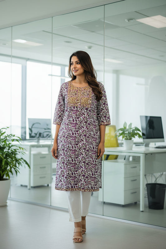 Sanganeri Print Purple Color Cotton Straight Cut Kurti