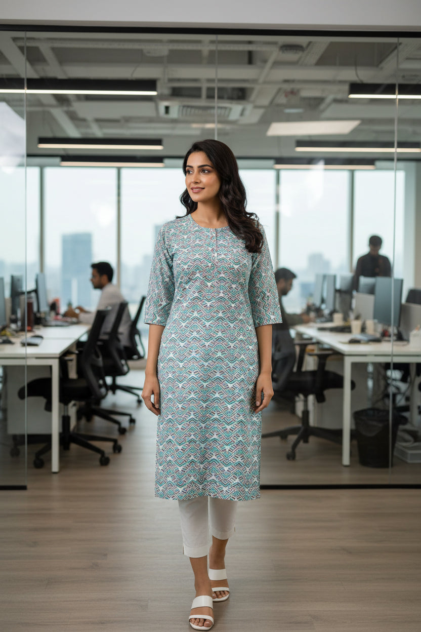 Aqua Blue Color with over all ZigZag Pattern in shades of White and Light Blue Styles with Round Neck featuring a short button placket, and complemented by three quarter sleeves