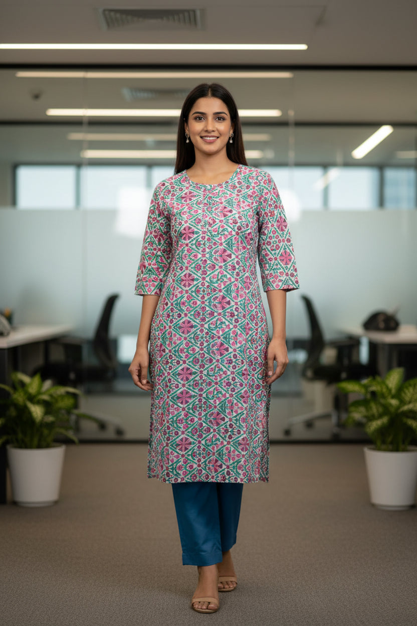 Sanganeri prints White with pink floral Cotton Kurti