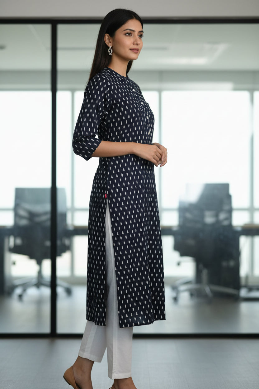 Navy Blue Mandarin Collar Straight Cut Cotton Kurti
