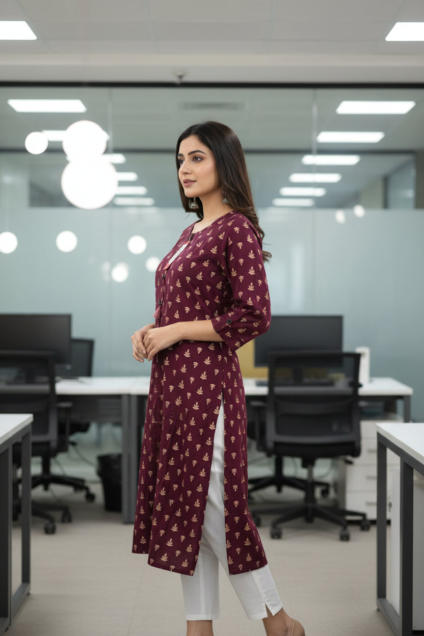 Formal Wear Wine Color Soft Cotton Kurti