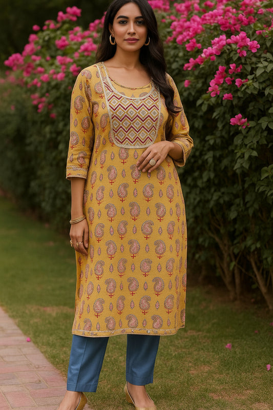 Office Wear Paisley Print Yellow Color Cotton Kurti