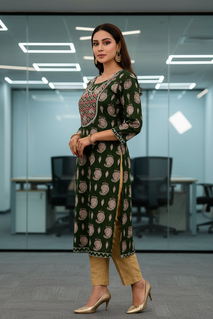 Office Wear Paisley Print Green Color Cotton Kurti
