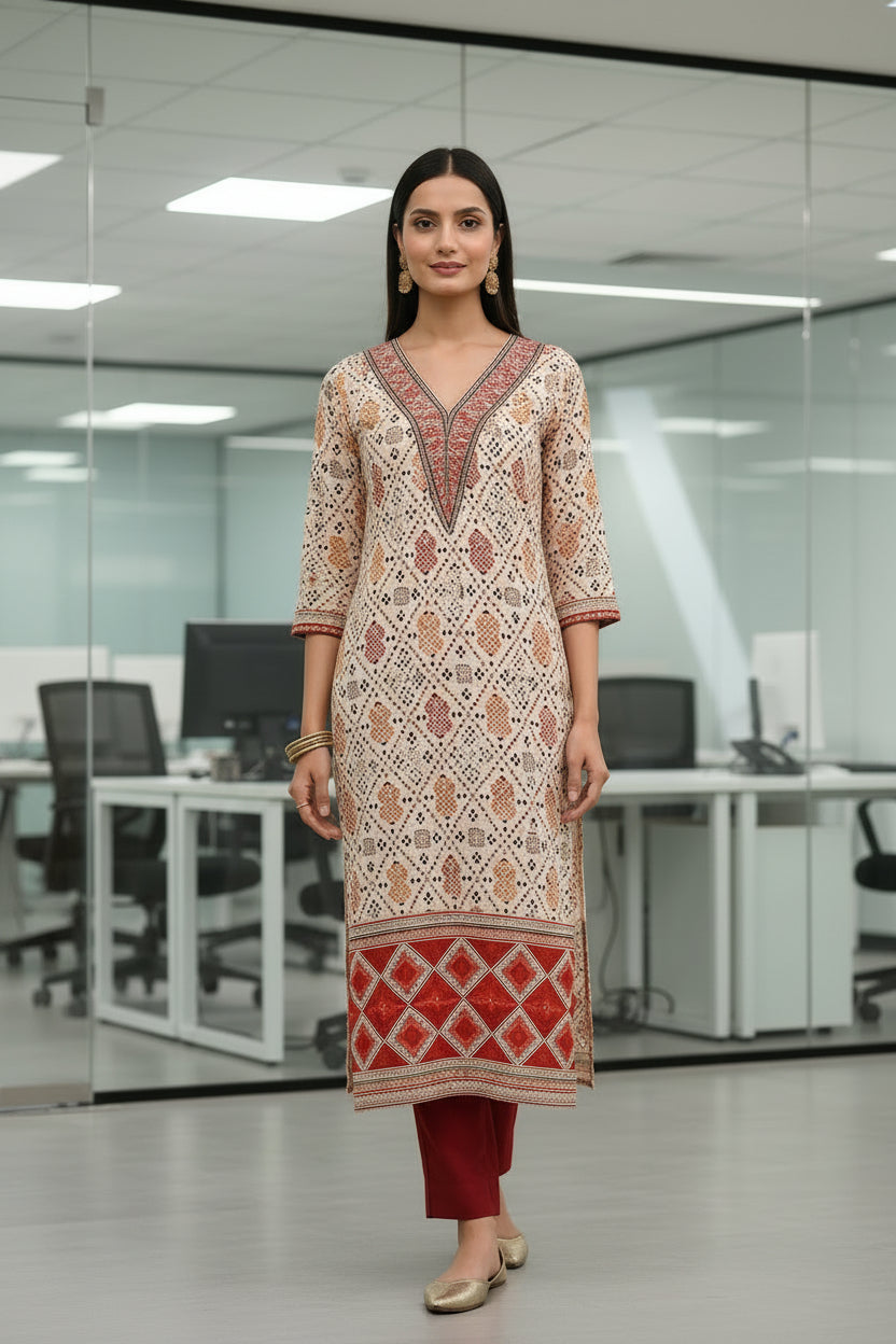 Office Wear Red and White Hand Block Soft Cotton Kurti