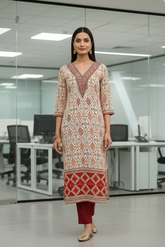 Office Wear Red and White Hand Block Soft Cotton Kurti