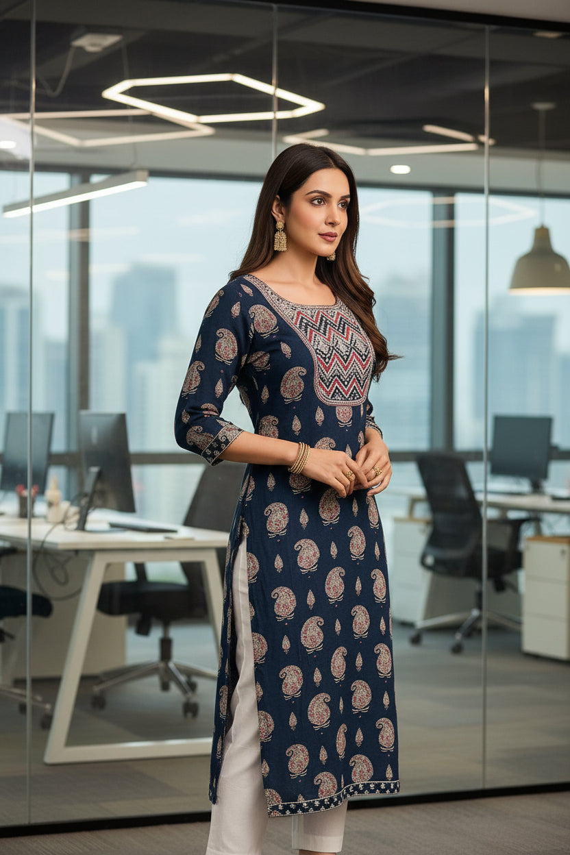 Office Wear Paisley Print Blue Color Cotton Kurti