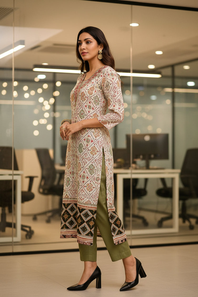 Office Wear Green and White Hand Block Soft Cotton Kurti