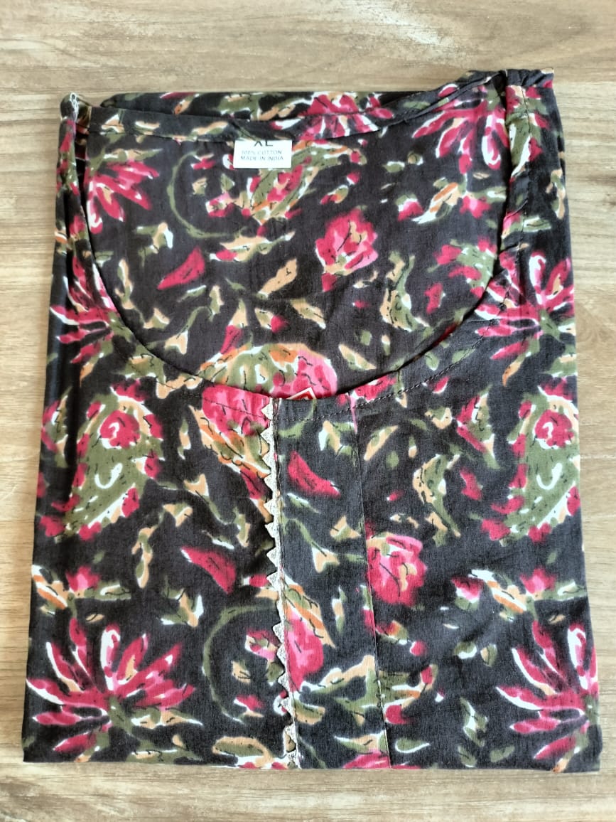 Palak Jaipuri Cotton Brown and Pink Floral Cotton Kurti