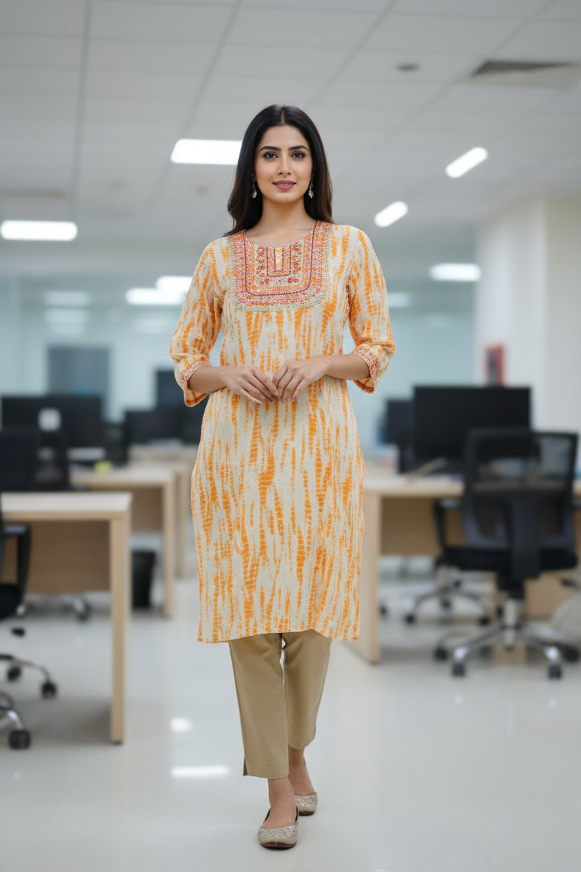Shibori Yellow Straight Cut Cotton Kurti