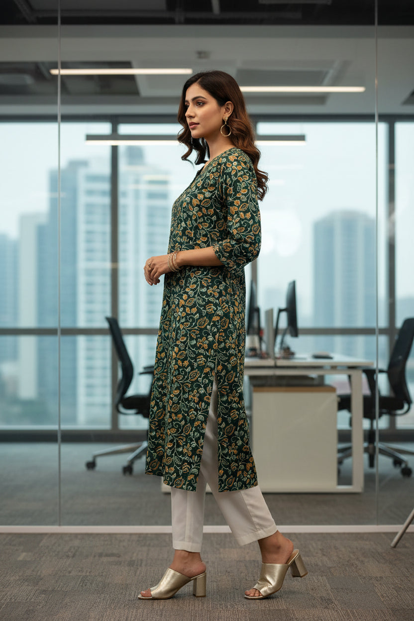 Jaipuri Cotton Print Floral Green Color Straight Kurti