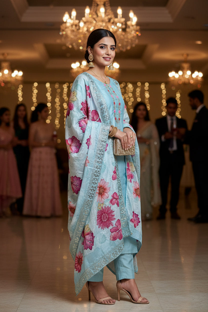 Office Wear Sea Blue Salwar Kameez Dupatta Set