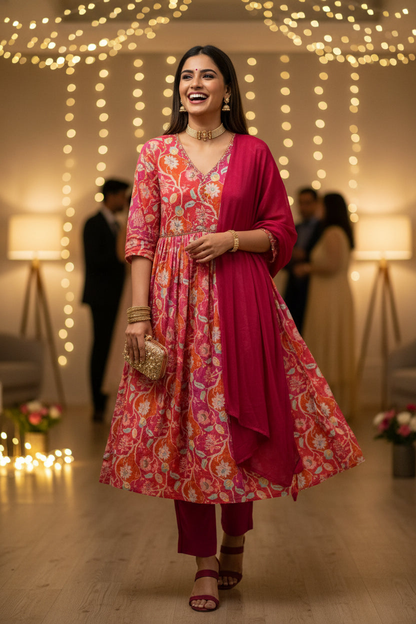 Chiffon Crush Floral Festive Wear Salwar Kameez Dupatta Set