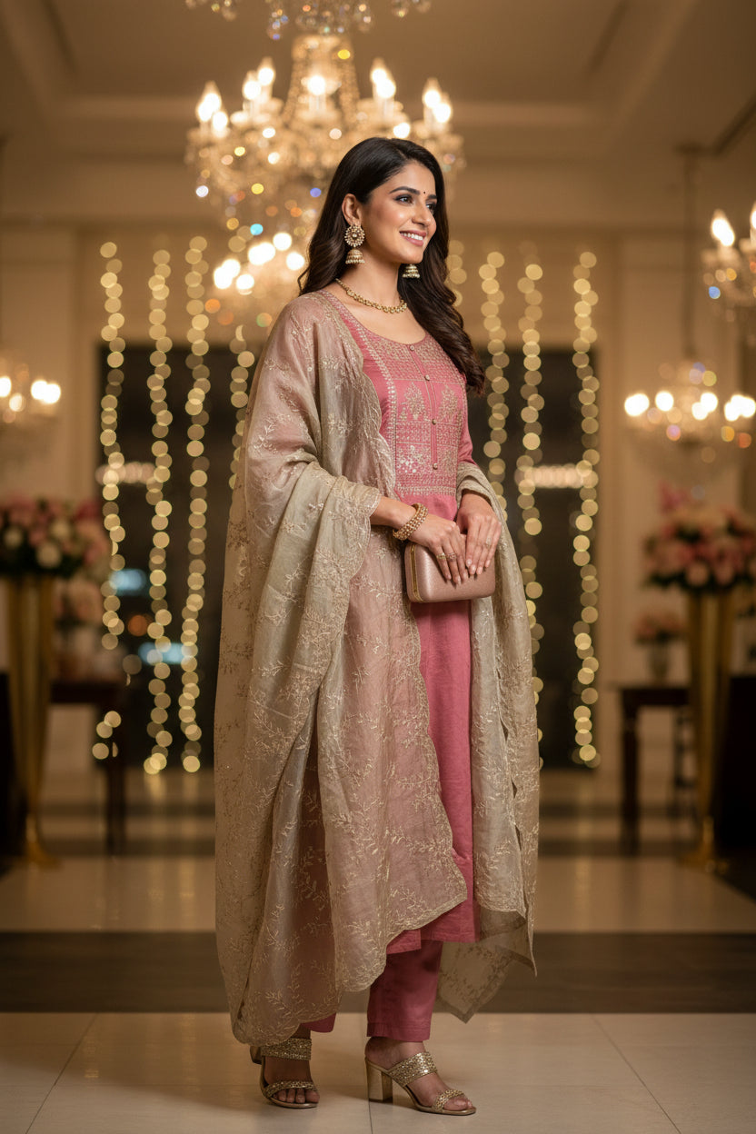 Office Wear Onion Pink Salwar Kameez and Dupatta set