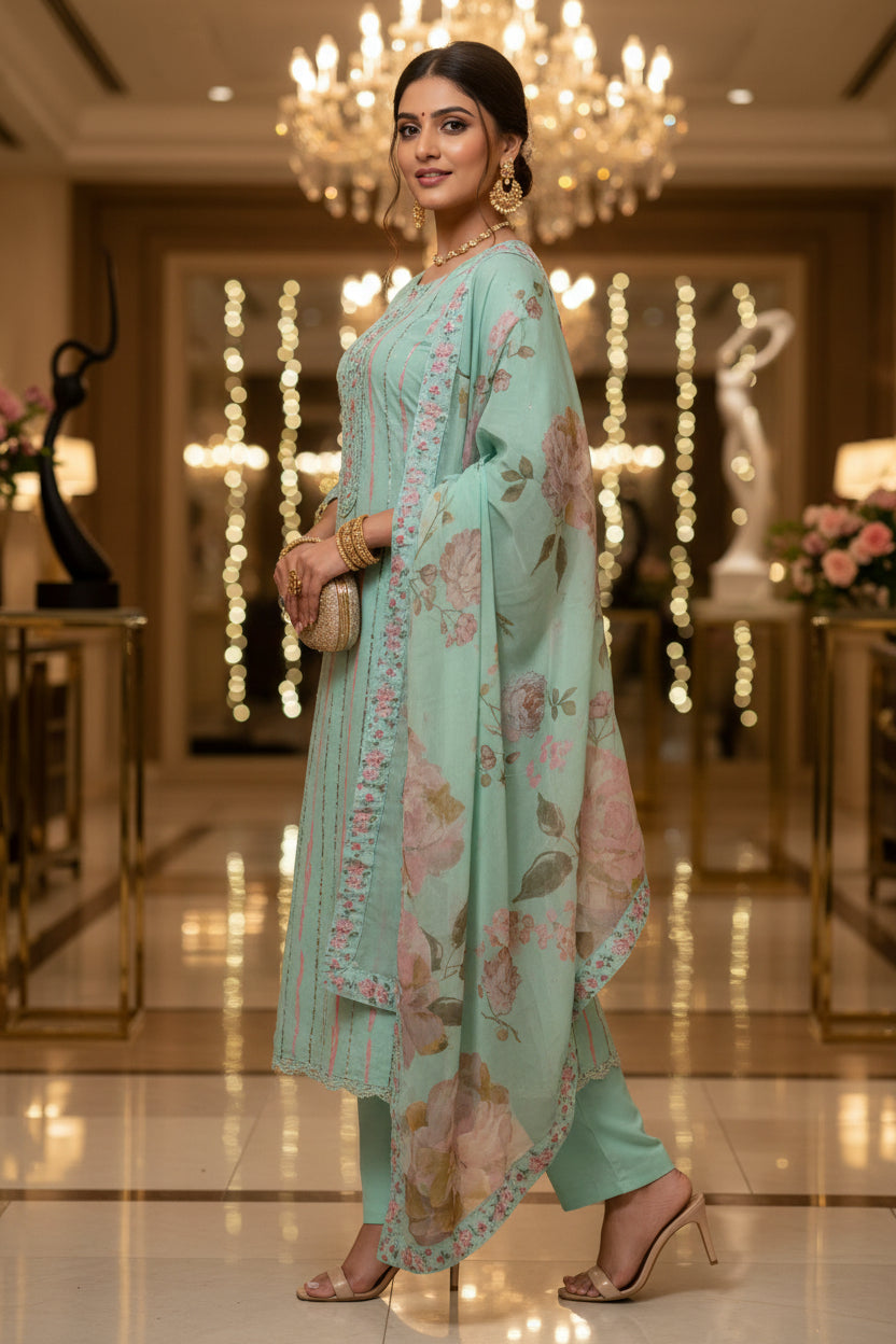 Office Wear Pure Cotton Sky Blue Color Salwar Kameez & Dupatta