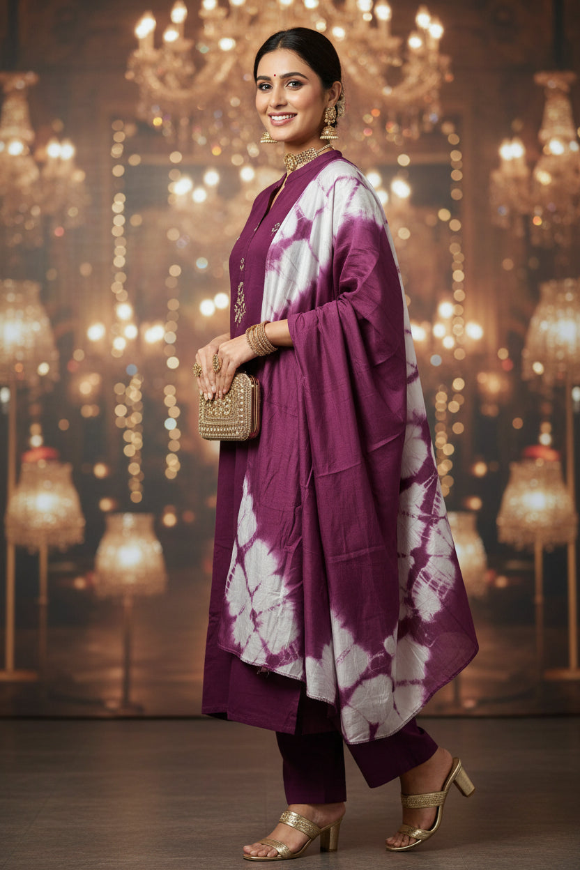Party Wear Solid Purple Color Salwar Kameez and Dupatta Set
