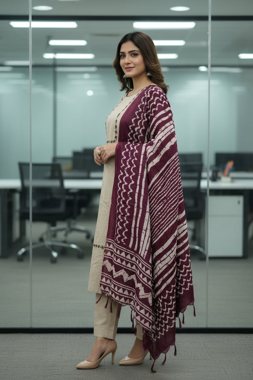 Beige Color Heavy Cotton Salwar Kameez with Purple Dupatta set