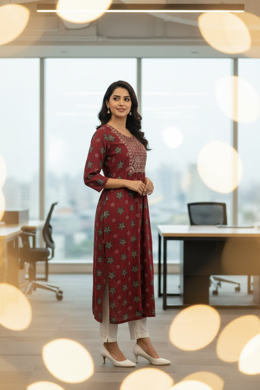 Hand Painted Maroon color A Line Kurti with Thread work and Sequence work