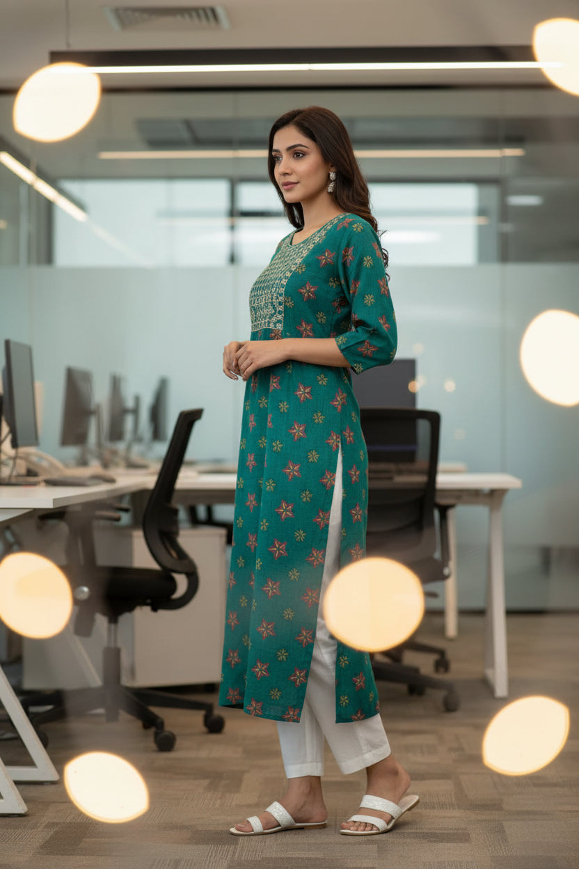 HandPainted Green Color A Line Kurti with Sequence and Thread work