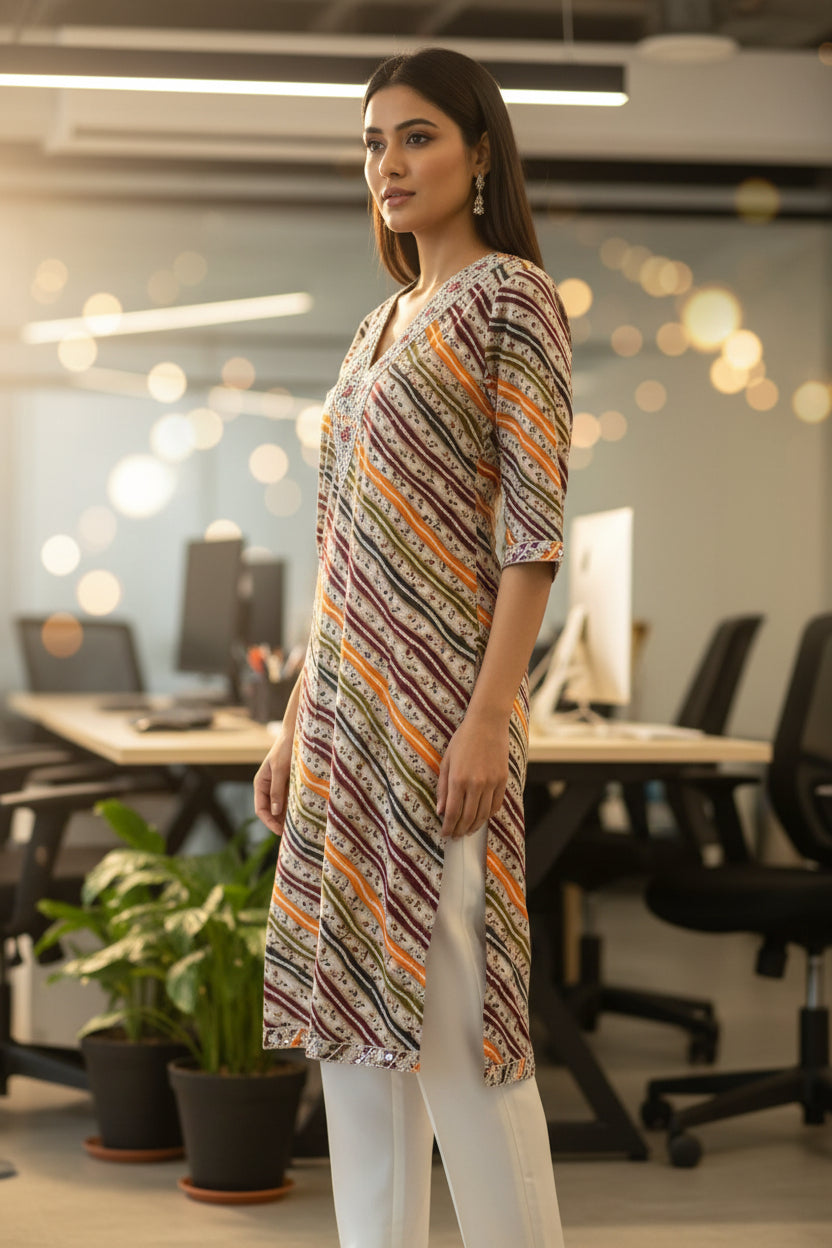 Diagonal multi-colored striped print V neck Cotton Kurti - Wine Color