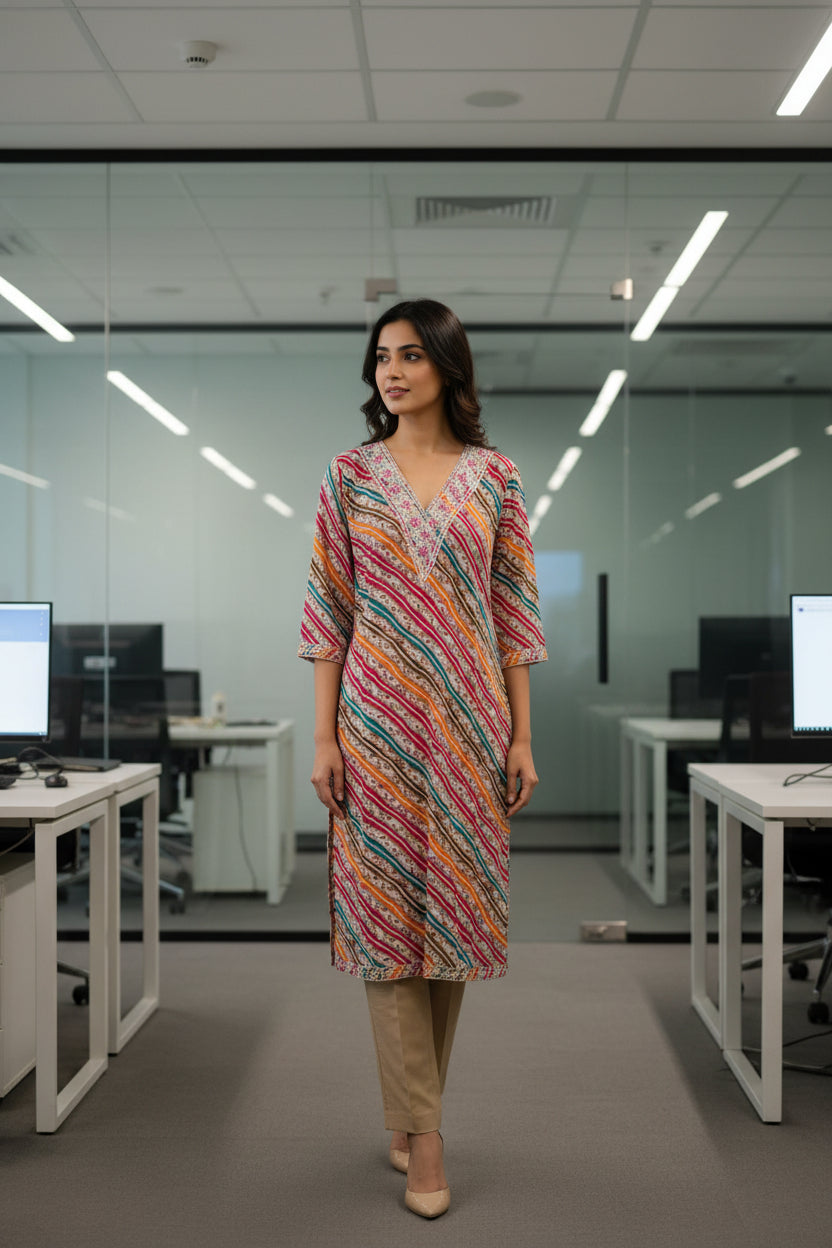 Diagonal multi-colored striped print V neck Cotton Kurti - Yellow Color