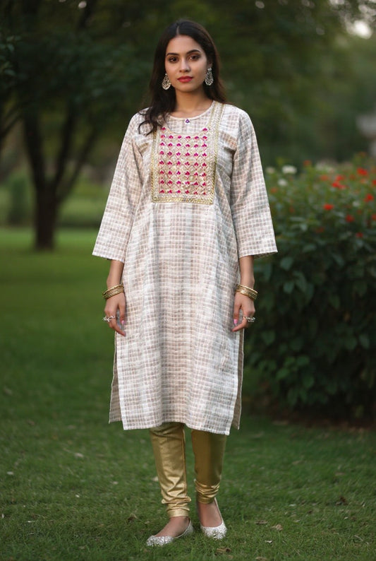 Checks white and brown Straight Kurti